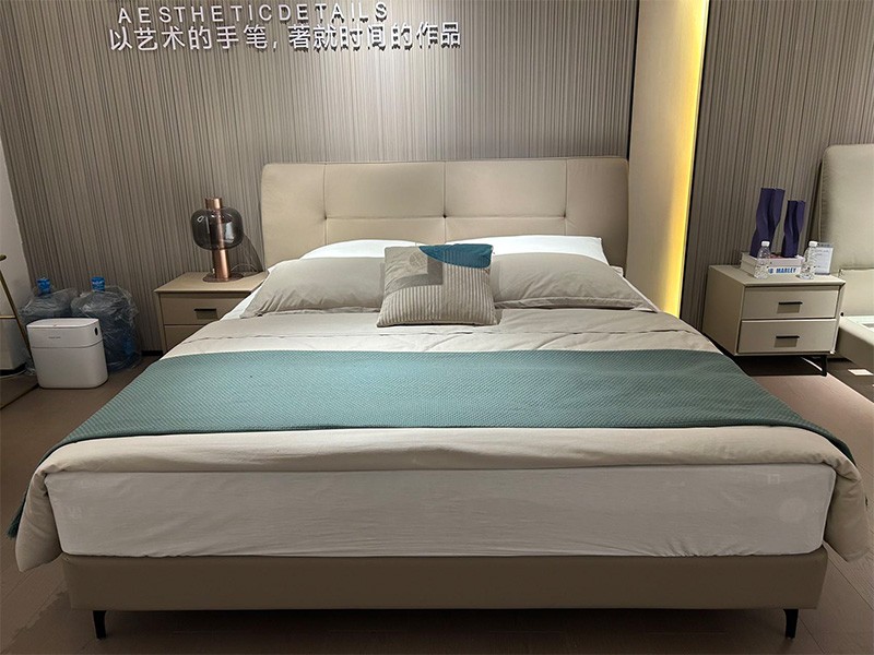 img of Hotel Queen Bed Frame with Button Headboard Genuine Leather Platform Bed Frame