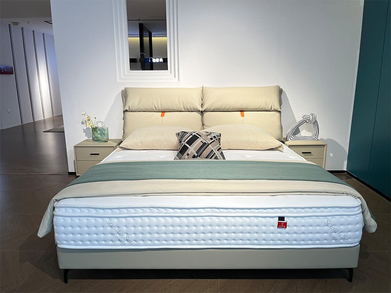img of King Size Platform Bed with Headboard Genuine Leather Bed Frame No Box Spring Needed